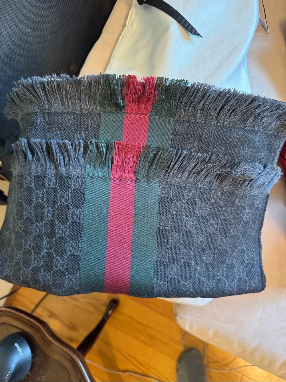 Gucci Navy Scarf with Red and Green Stripe